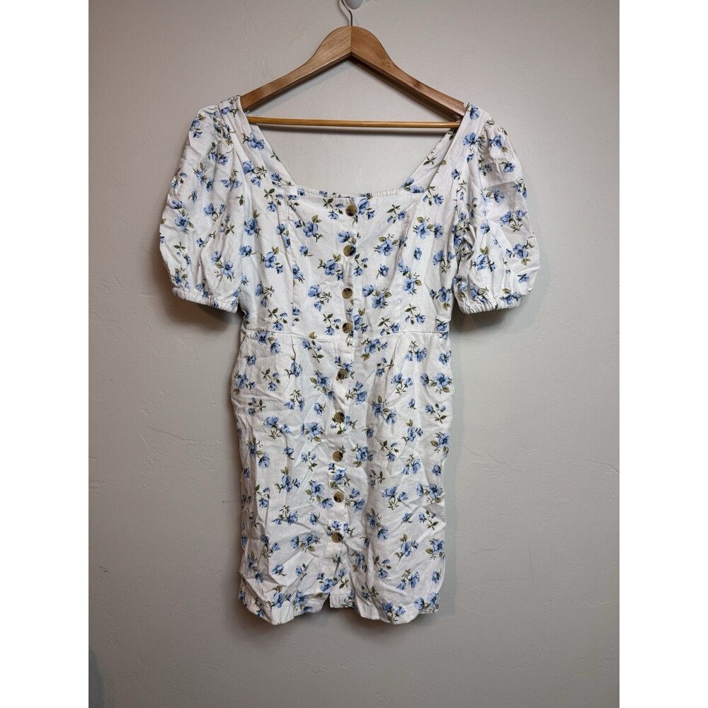 Old Navy Women's Linen Cottagecore White Floral Midi Dress Med Smocked Peasant
